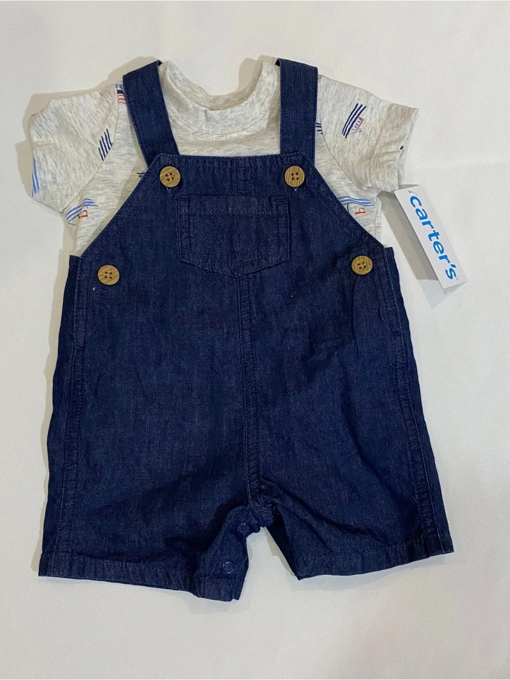 Carter's Navy Blue Denim Short Overalls with Light Gray Printed Tee